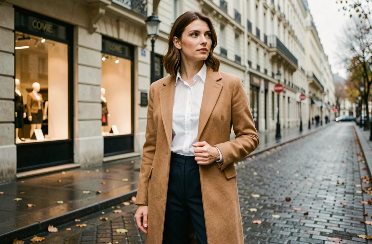 Femme élégante en manteau camel et tenue chic dans une rue parisienne en automne, style mode quotidien