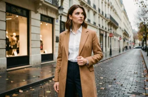 Femme élégante en manteau camel et tenue chic dans une rue parisienne en automne, style mode quotidien