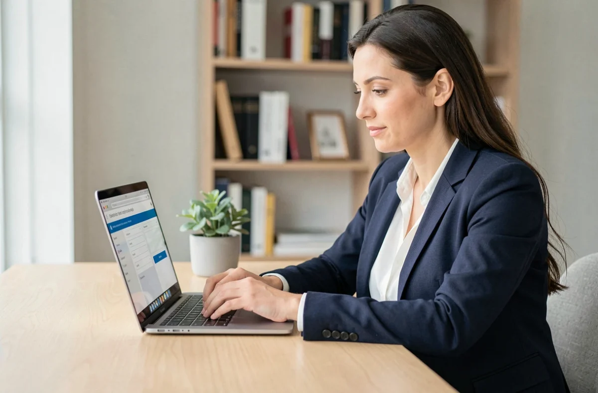 Femme professionnelle connectée à son espace client en ligne depuis un bureau à domicile moderne