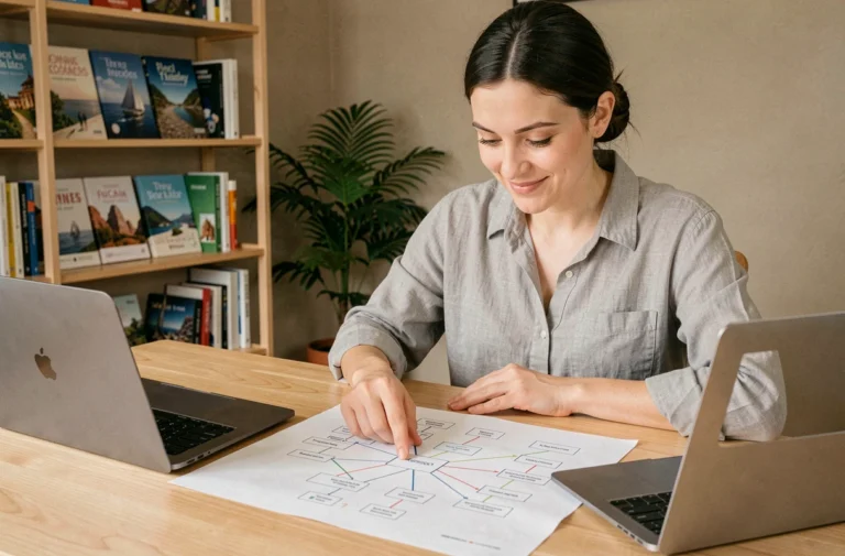 Femme étudiant un sitemap imprimé pour un site de loisirs dans un bureau à domicile chaleureux