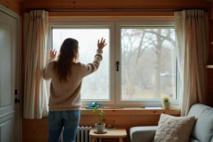 Femme appliquant film isolant dans un mobilhome chaleureux