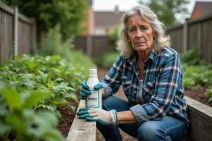Femme en vêtements de jardinage tenant une bouteille de bleach