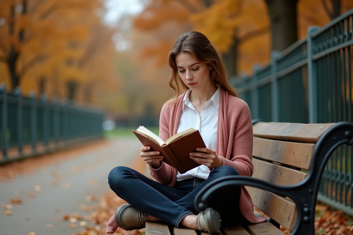 Femme lisant un recueil de poésie dans un parc en automne entouré de feuilles dorées et d'une atmosphère contemplative