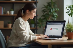 Jeune femme frustrée devant son ordinateur portable à la maison