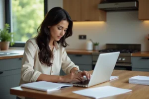 Jeune femme remplissant un formulaire d'assurance à la maison