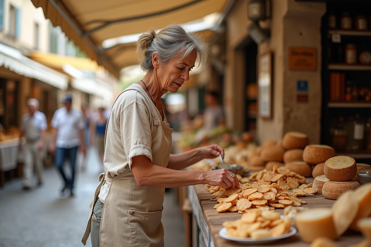 Femme sélectionnant de la morue salée séchée sur un étal de marché provençal à Nîmes pour préparer une brandade