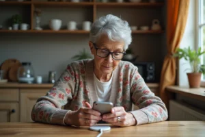 Femme senior regardant son téléphone dans la cuisine