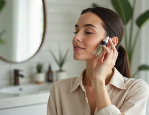 Femme appliquant un sérum visage tendance dans une salle de bain minimaliste en marbre blanc