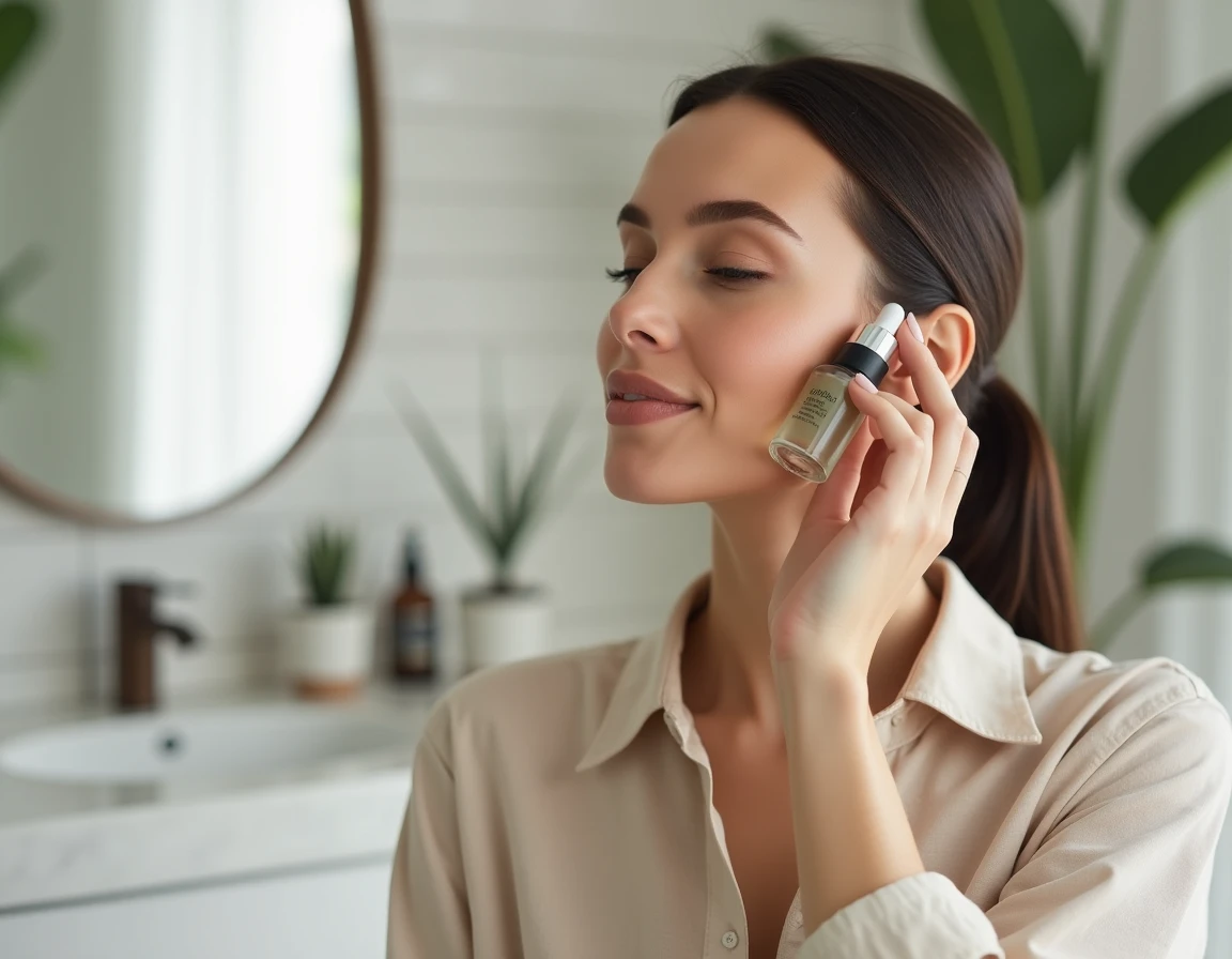 Femme appliquant un sérum visage tendance dans une salle de bain minimaliste en marbre blanc