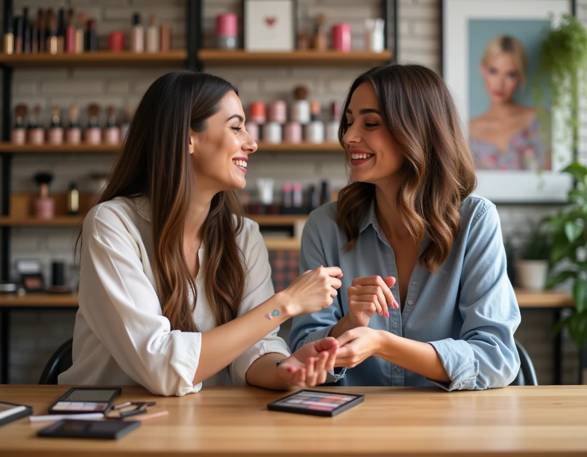 Deux femmes comparant des palettes de fards à paupières dans un studio de beauté moderne