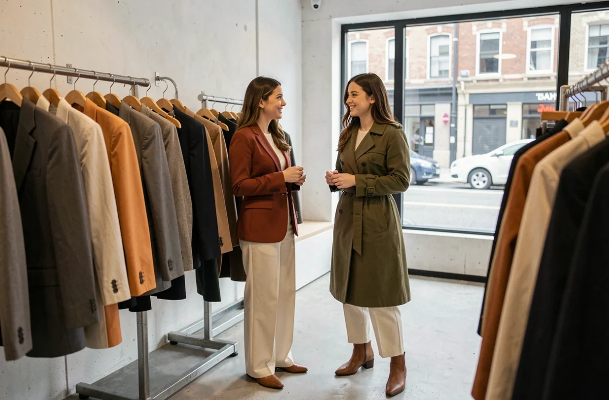 Deux femmes élégantes faisant du shopping dans un concept store minimaliste, tendances mode et style unique