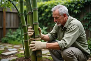 Homme en train de fixer un bambou en pleine terre avec une ficelle de jute dans un jardin résidentiel