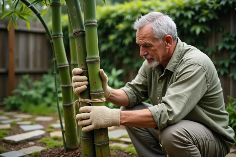 Homme en train de fixer un bambou en pleine terre avec une ficelle de jute dans un jardin résidentiel