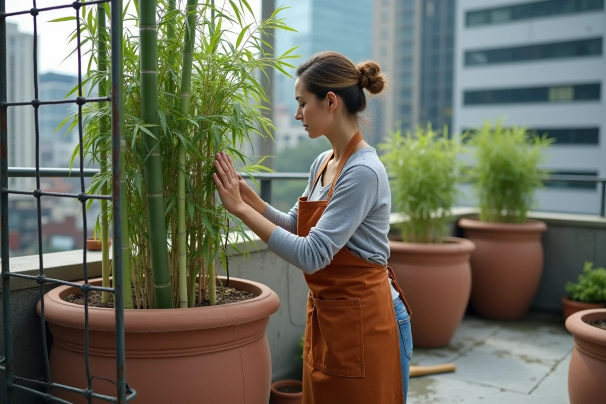 Femme fixant un pot de bambou contre un treillis métallique sur une terrasse urbaine avec vue sur la ville