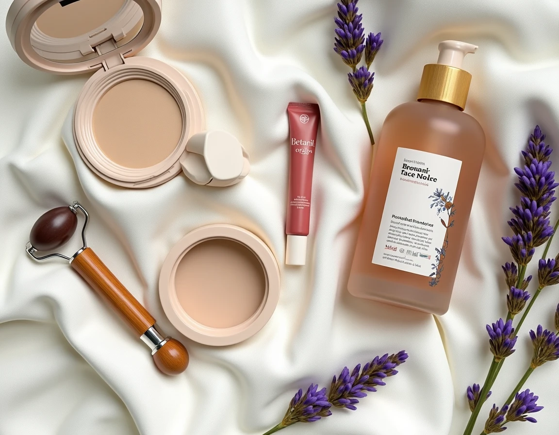 Flat lay de produits cosmétiques tendance sur fond de lin crème avec accessoires botaniques