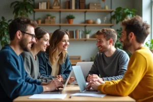 Groupe de jeunes adultes discutant autour d'une table de cuisine