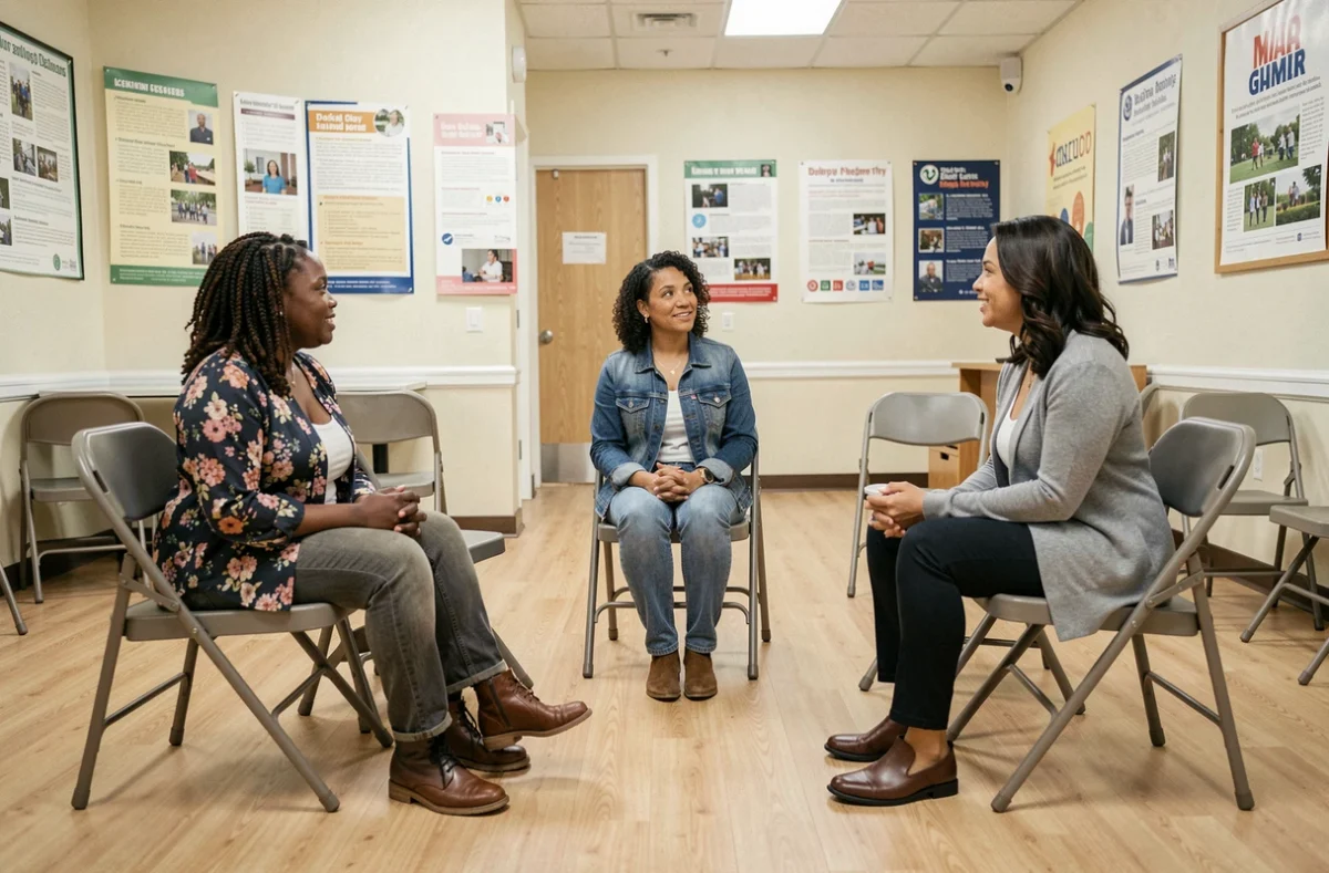 Groupe de femmes participant à une séance de soutien collectif dans un centre communautaire