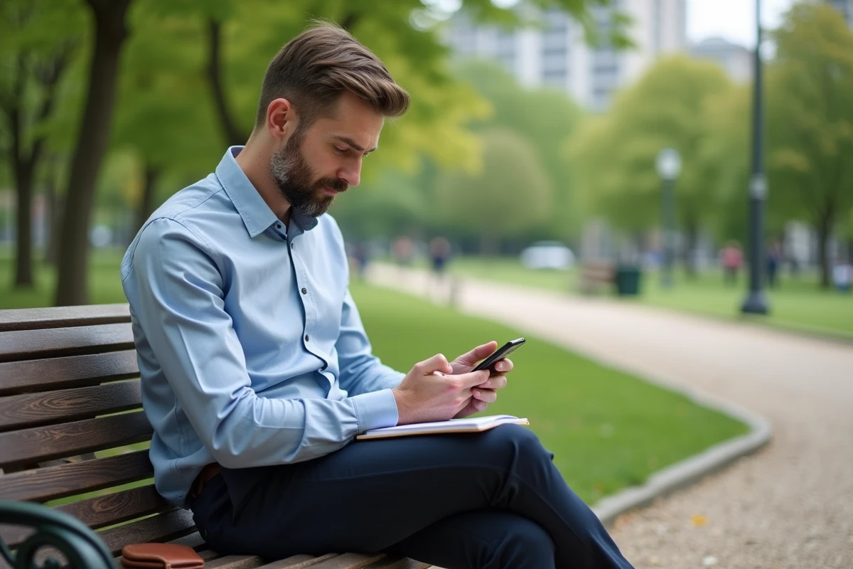 Homme utilisant son smartphone dans un parc urbain
