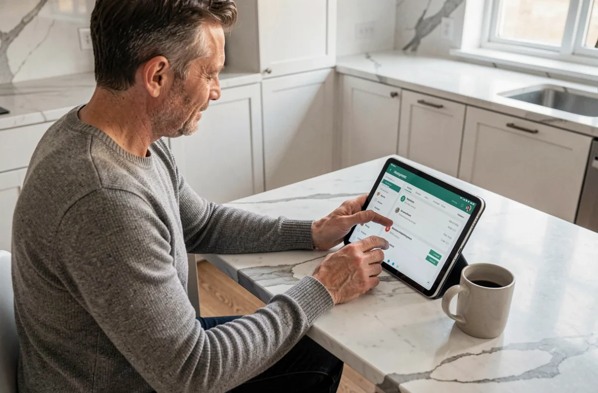 Homme gérant ses services en ligne depuis une tablette dans une cuisine moderne