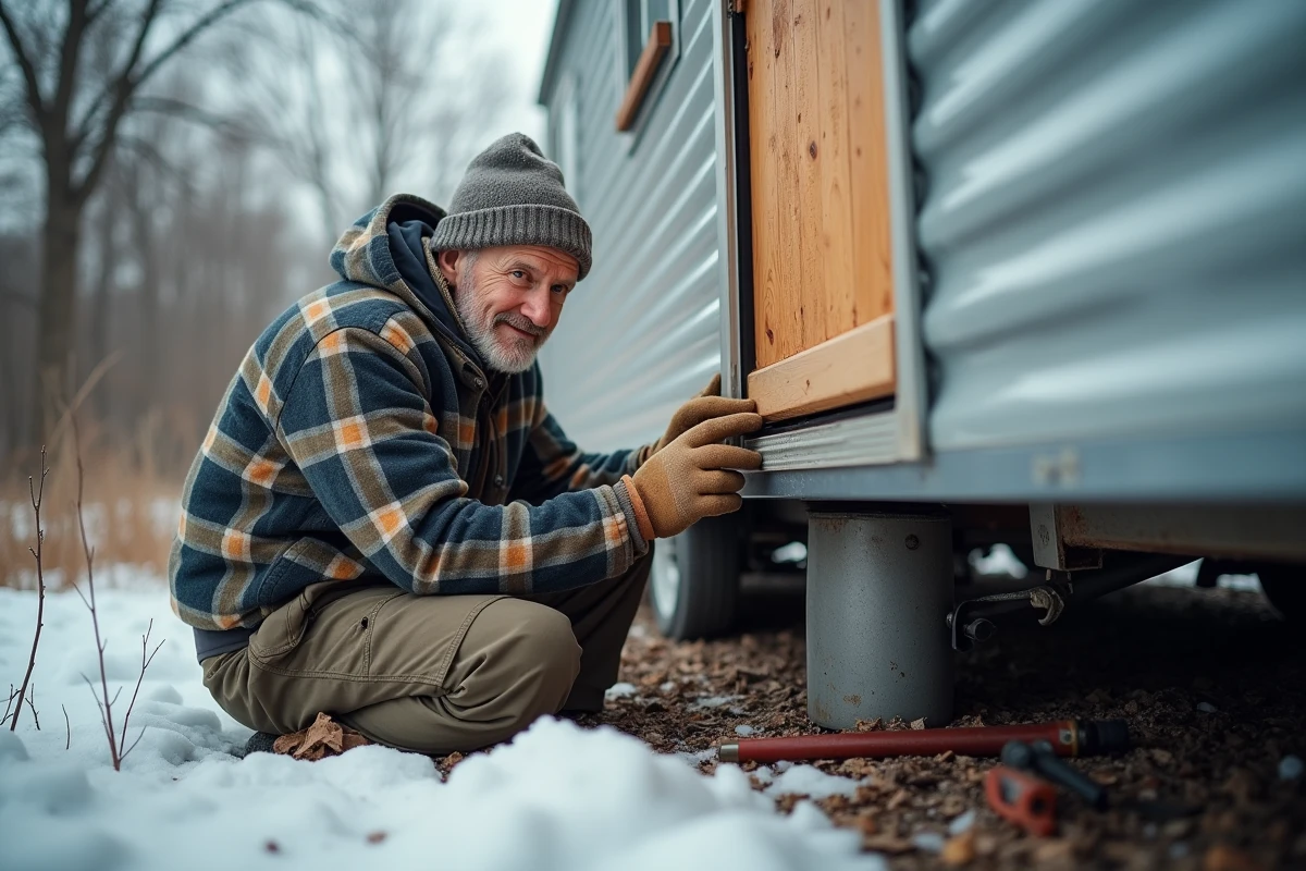 Homme posant panneaux d isolation en extérieur en hiver