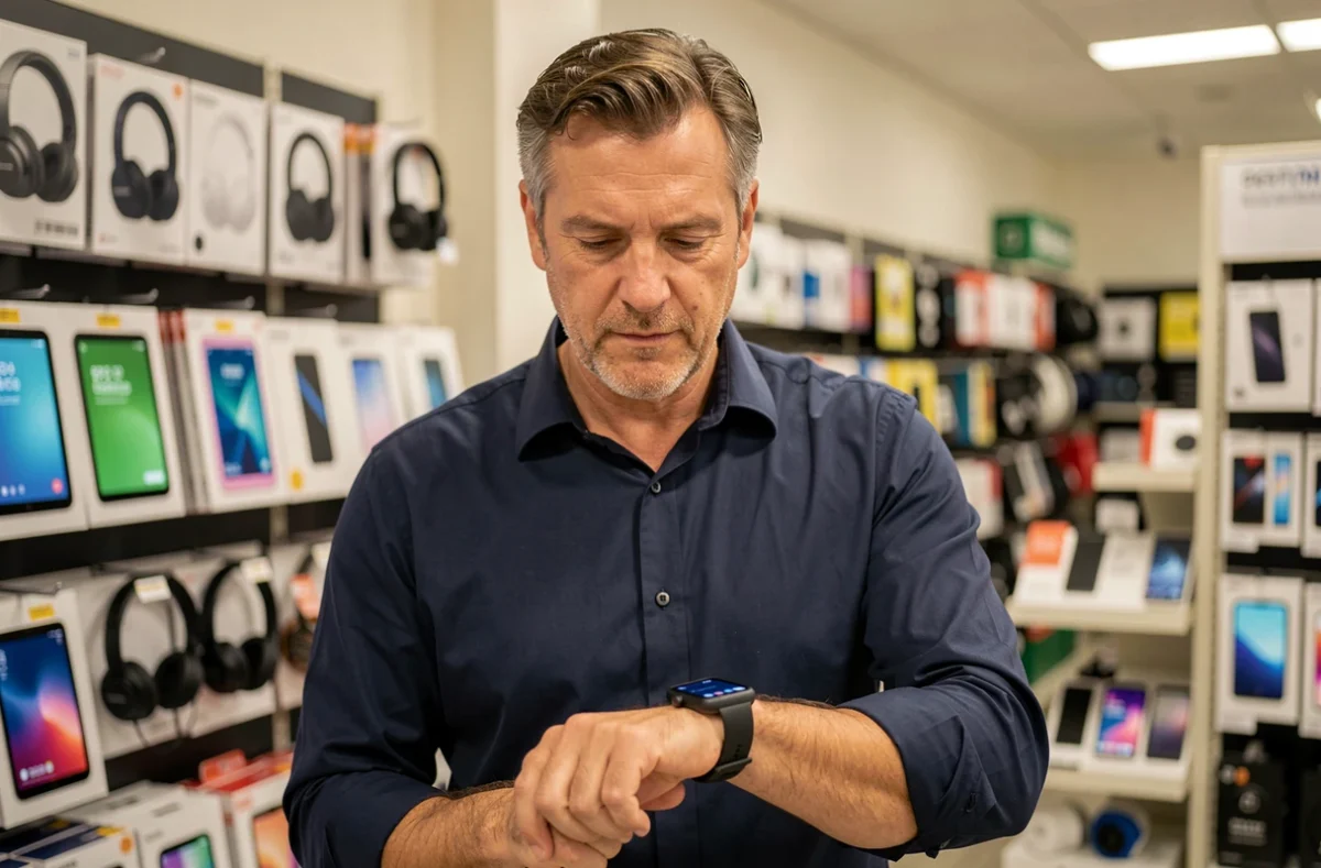 Homme examinant une montre connectée dans un magasin d'électronique, symbole de la démocratisation des technologies high tech
