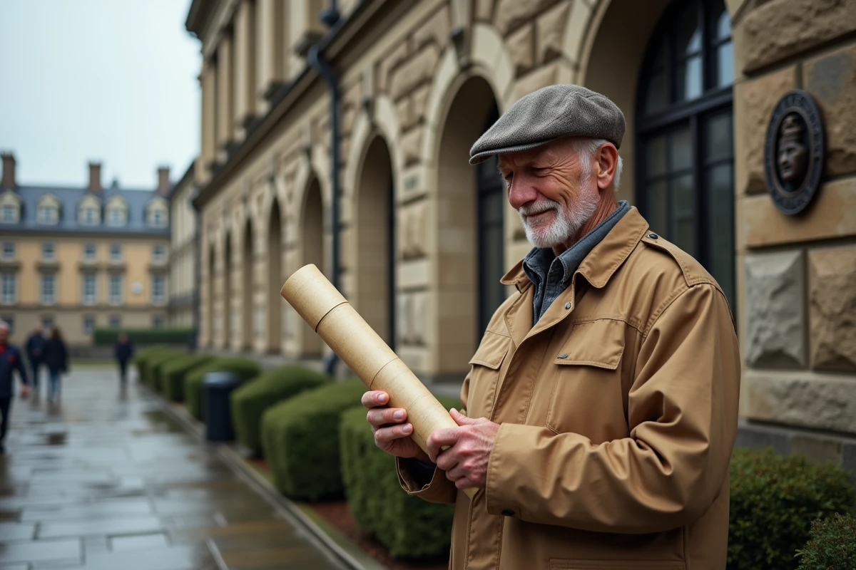 Homme d environ 60 ans examine un permis de construire en plein air