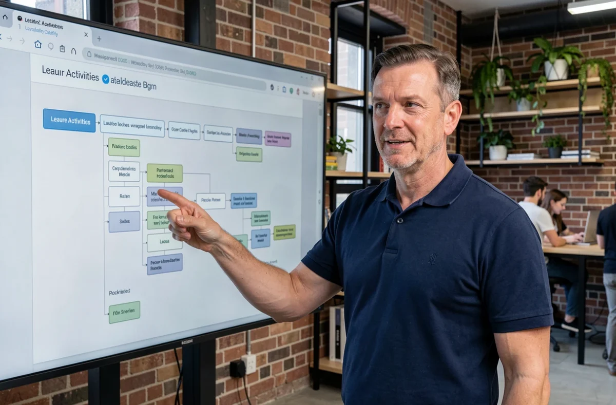 Homme présentant un sitemap de site de loisirs sur un grand écran tactile en espace de coworking