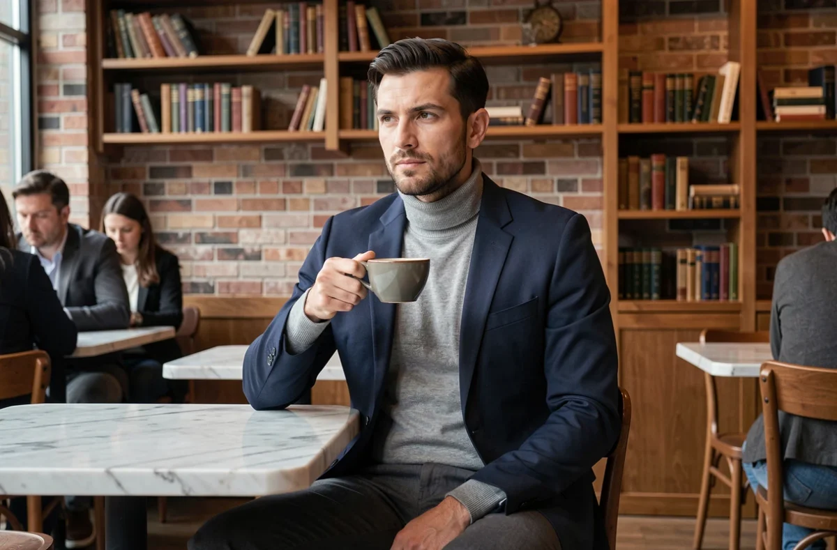 Homme stylé en blazer marine et col roulé gris dans un café tendance, look mode élégant au quotidien