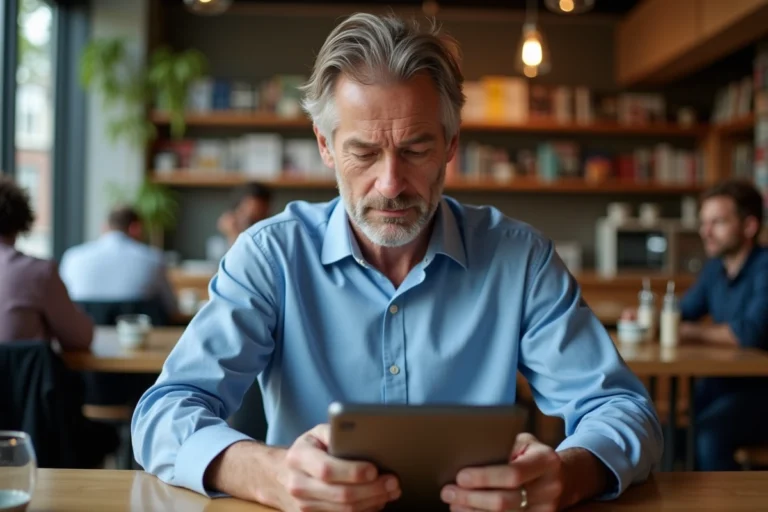 Homme d'âge moyen lisant une tablette dans un café
