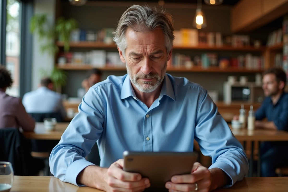Homme d'âge moyen lisant une tablette dans un café