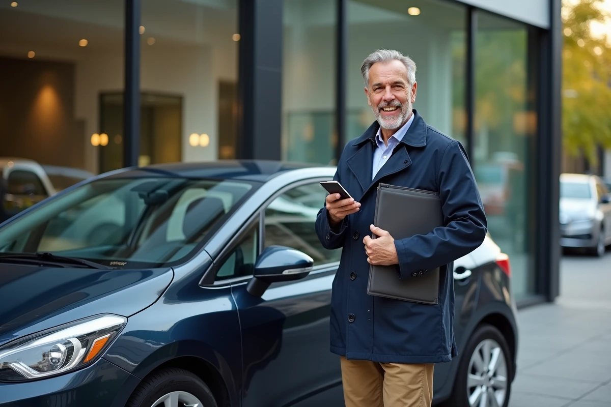 Homme avec voiture devant un bureau d