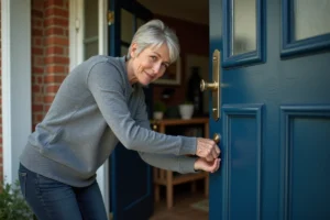 Femme installant un verrou de sécurité sur une porte d'entrée en bois bleu marine pour renforcer la sécurité domestique