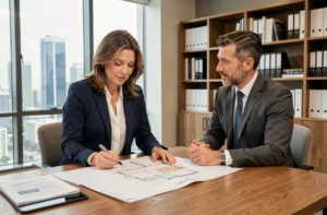 Une investisseuse immobilière discutant de plans de propriété avec un conseiller expert dans un bureau moderne