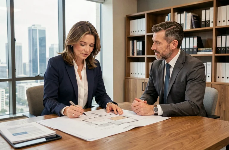 Une investisseuse immobilière discutant de plans de propriété avec un conseiller expert dans un bureau moderne