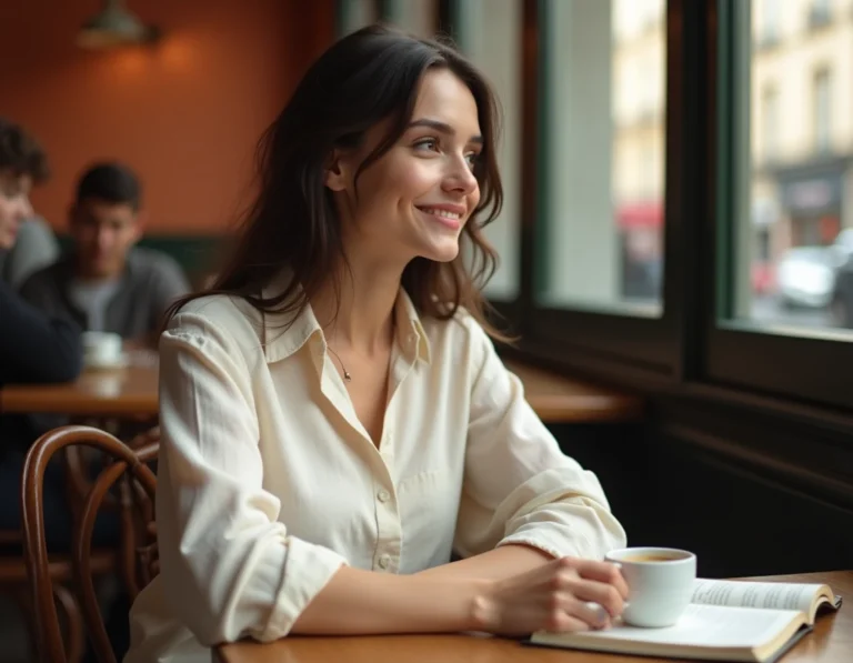 Jeune femme souriante dans un café parisien tenant un journal ouvert, illustrant la vie amoureuse et les projets de couple en 2026