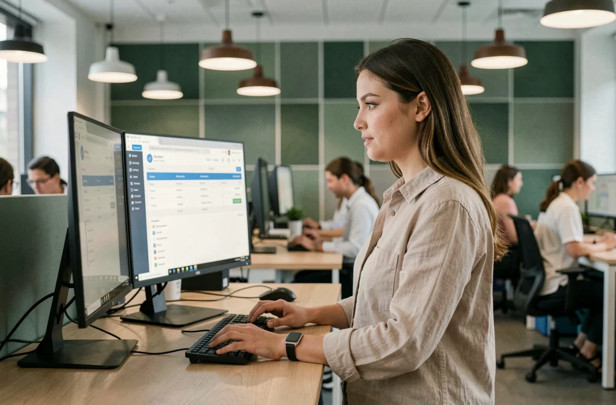 Jeune femme accédant à son espace client sur un ordinateur de bureau dans un open space professionnel
