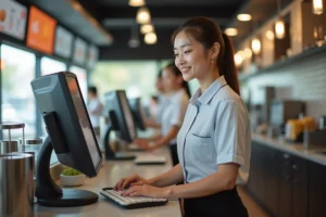 Jeune femme en uniforme derrière le comptoir d'un restaurant