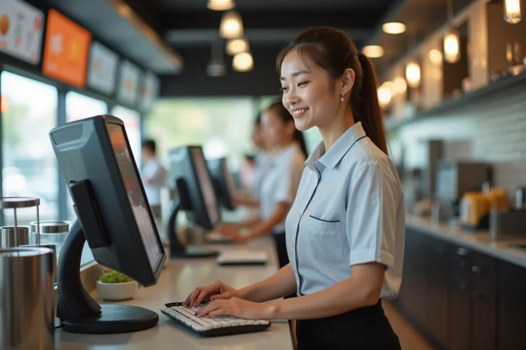 Jeune femme en uniforme derrière le comptoir d'un restaurant