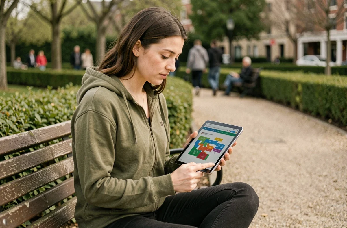 Jeune femme consultant un sitemap de site de loisirs sur une tablette dans un parc urbain