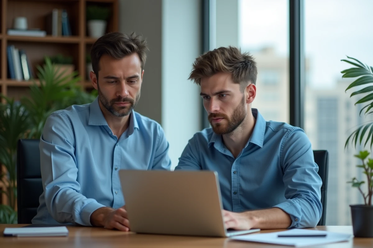Jeune homme en chemise bleue travaillant sur son ordinateur dans un bureau moderne