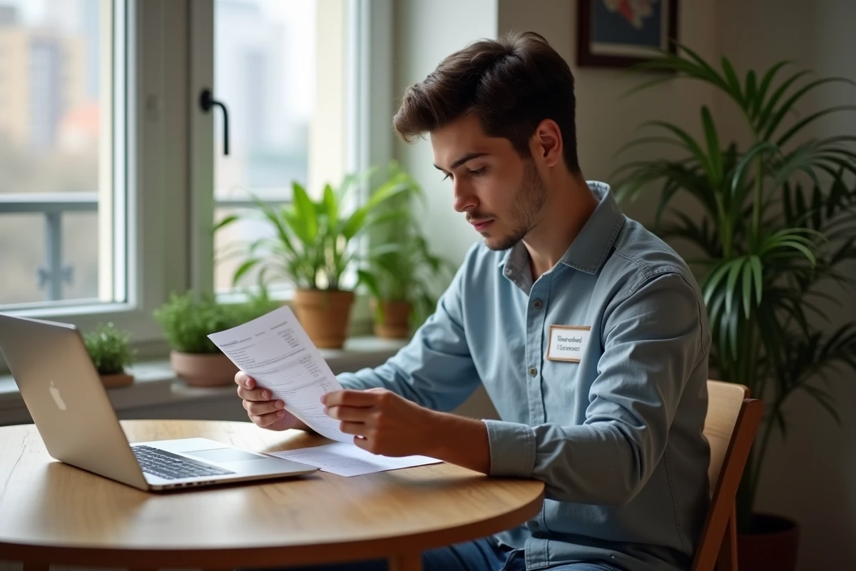 Jeune homme regardant sa fiche de paie dans un appartement