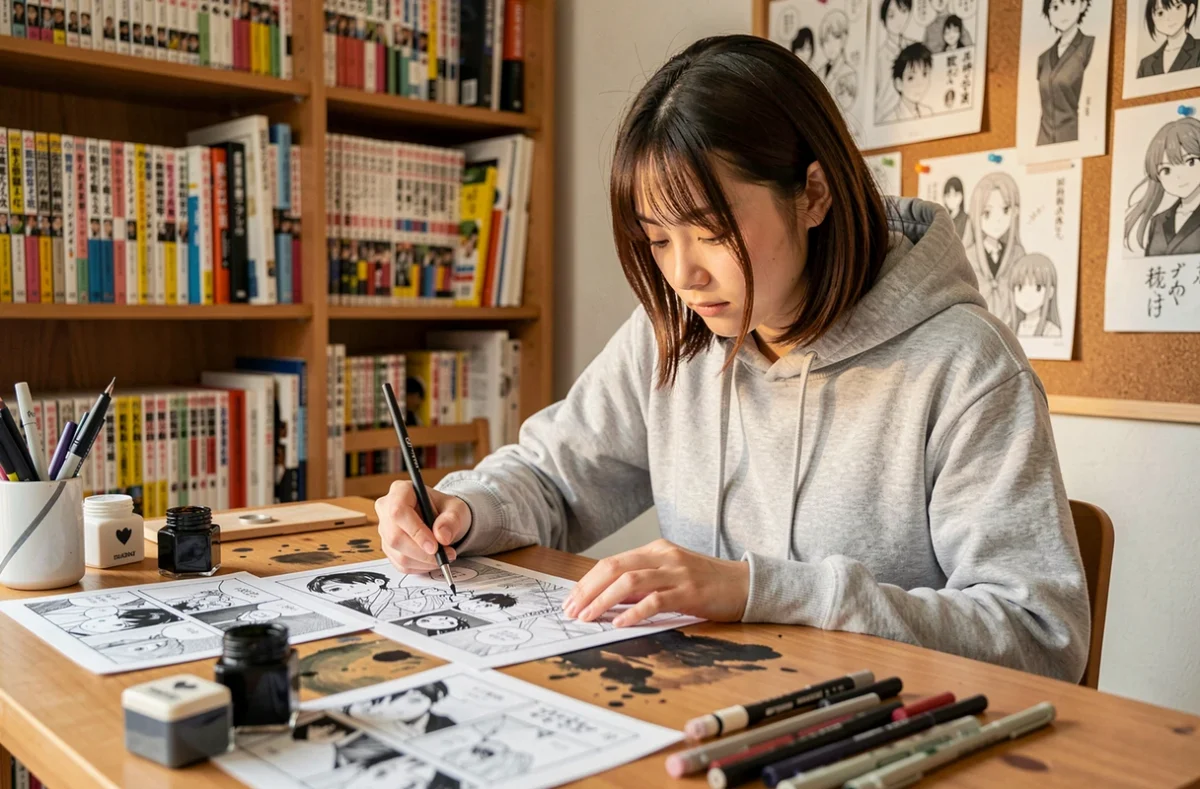 Jeune mangaka japonaise en train d'encrer un dessin manga dans son studio de travail à Tokyo
