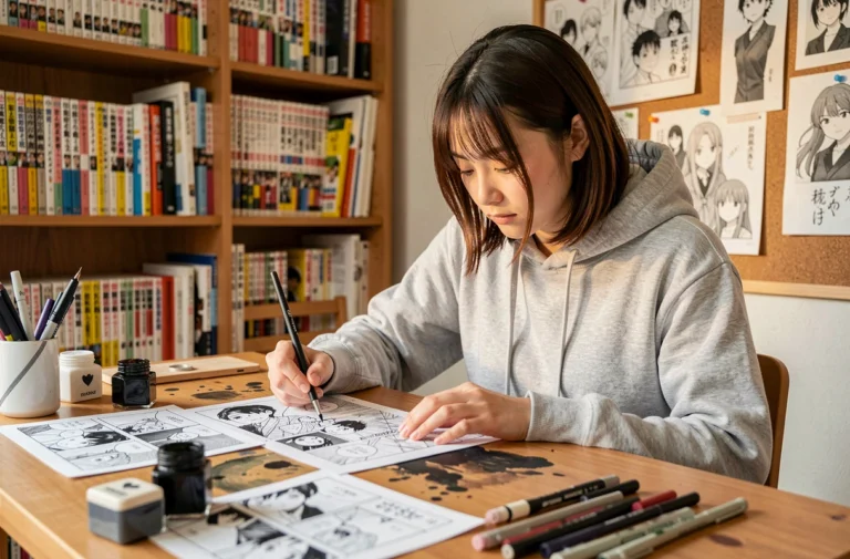 Jeune mangaka japonaise en train d'encrer un dessin manga dans son studio de travail à Tokyo