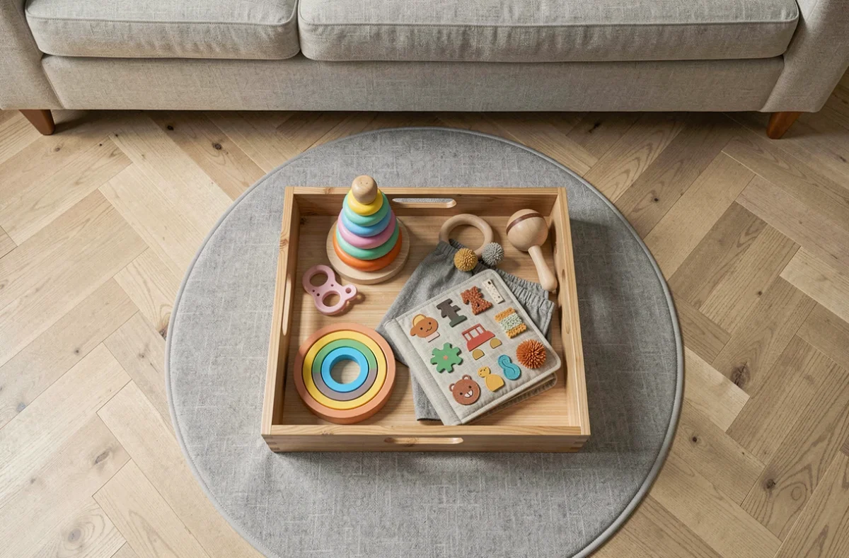 Sélection de jouets d'éveil Montessori pour bébé disposés en flat lay sur un tapis de jeu rond gris dans un salon minimaliste