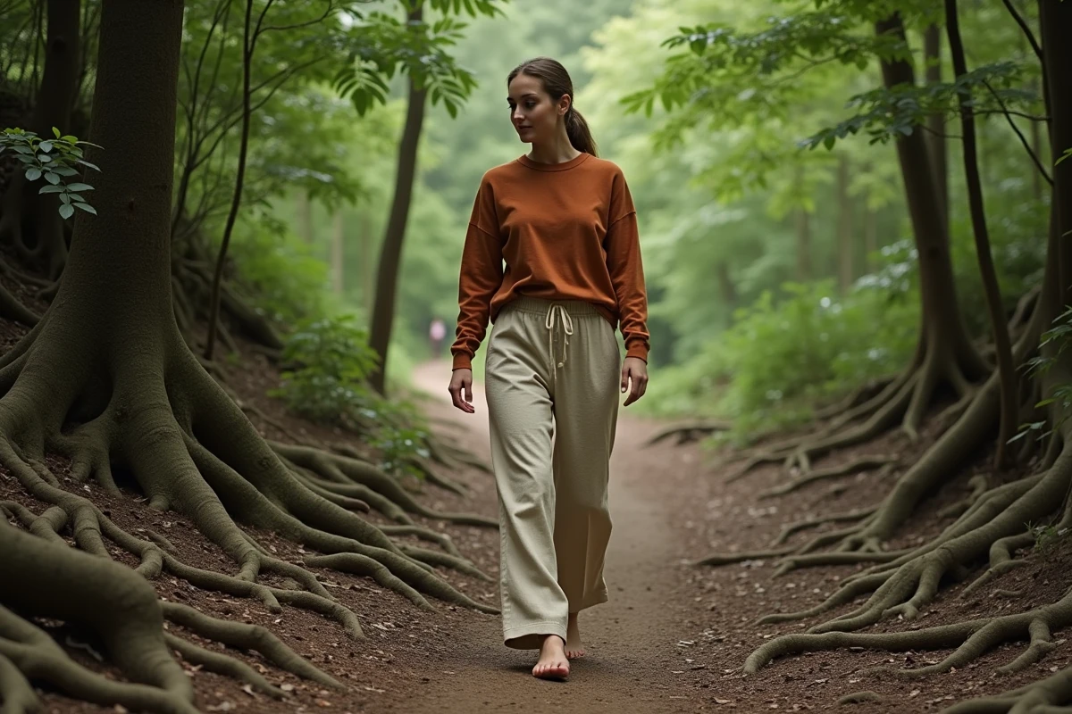 Femme marchant pieds nus en forêt pour se ressourcer et améliorer son bien-être mental