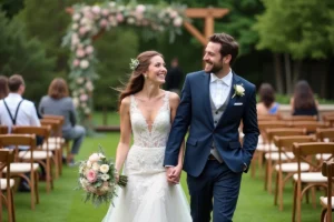 Jeune couple de mariés dans un jardin fleuri lors d'un mariage estival