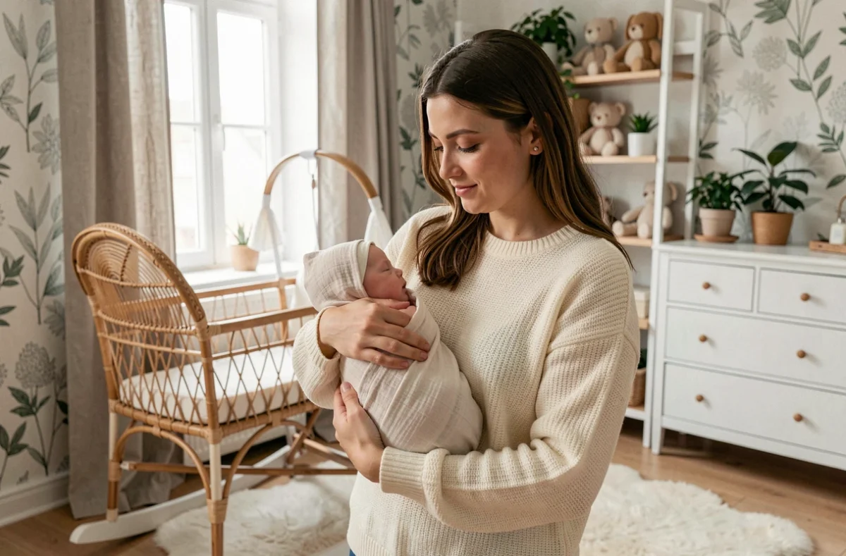 Jeune mère tenant son bébé emmailloté dans une chambre de bébé au style scandinave avec mobilier en bois blanc et accessoires en rotin
