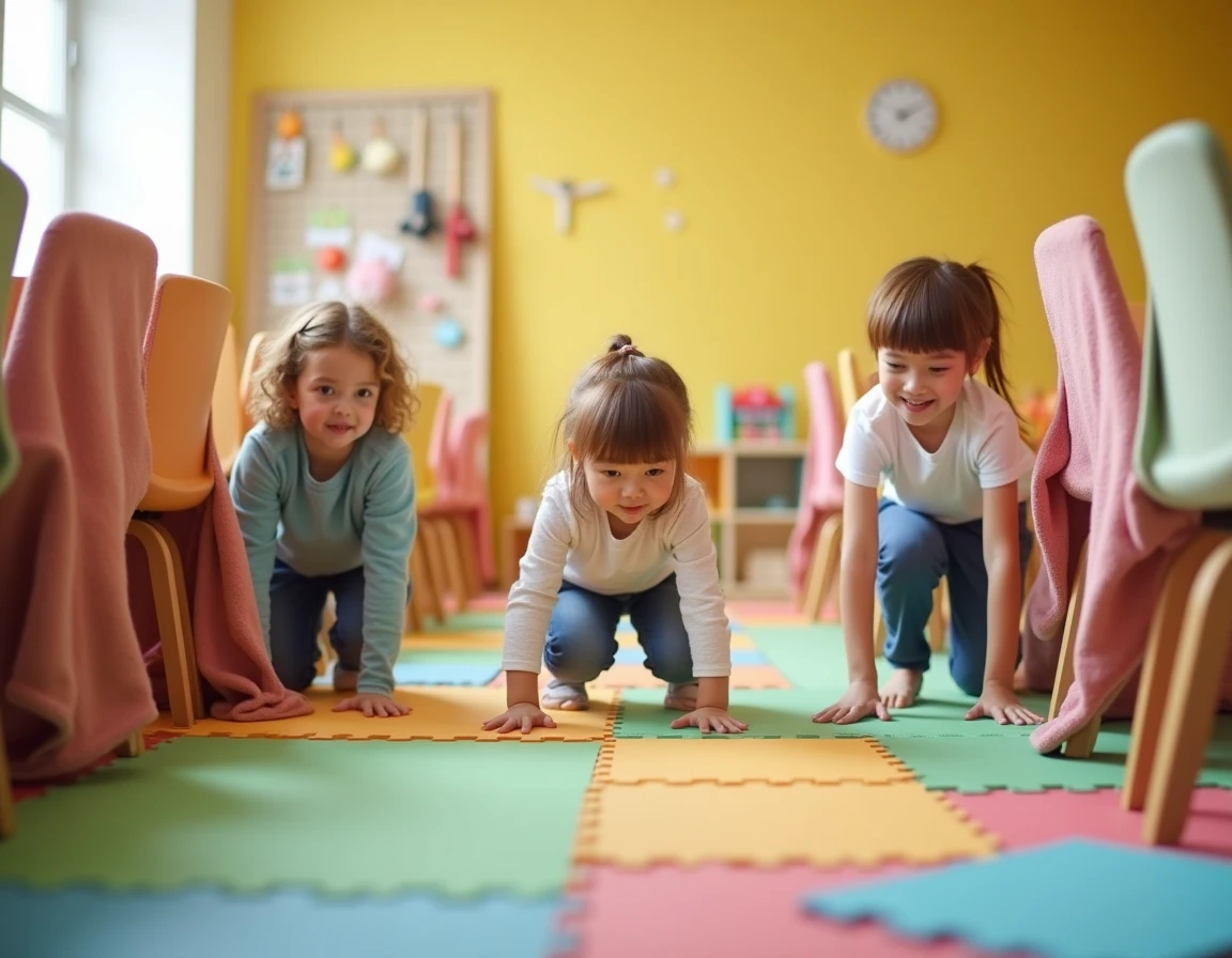 Groupe d'enfants jouant à un parcours d'obstacles dans une salle de jeux colorée