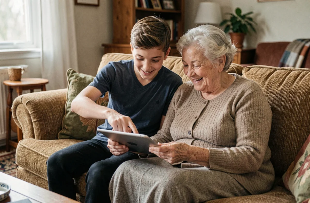 Adolescent montrant une tablette numérique à sa grand-mère dans un salon, illustrant le partage intergénérationnel des innovations technologiques