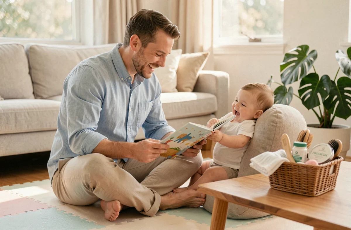 Père jouant avec son bébé assis sur un tapis d'éveil entouré d'accessoires de soin naturels et d'un panier cadeau pour bébé